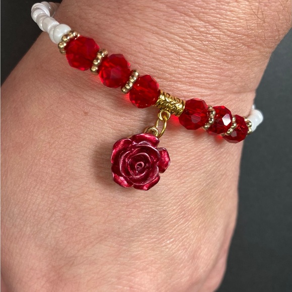 Handmade Red Rose-White Beaded Choker with Natural Freshwater Pearl Jewelry Set - Picture 10 of 11